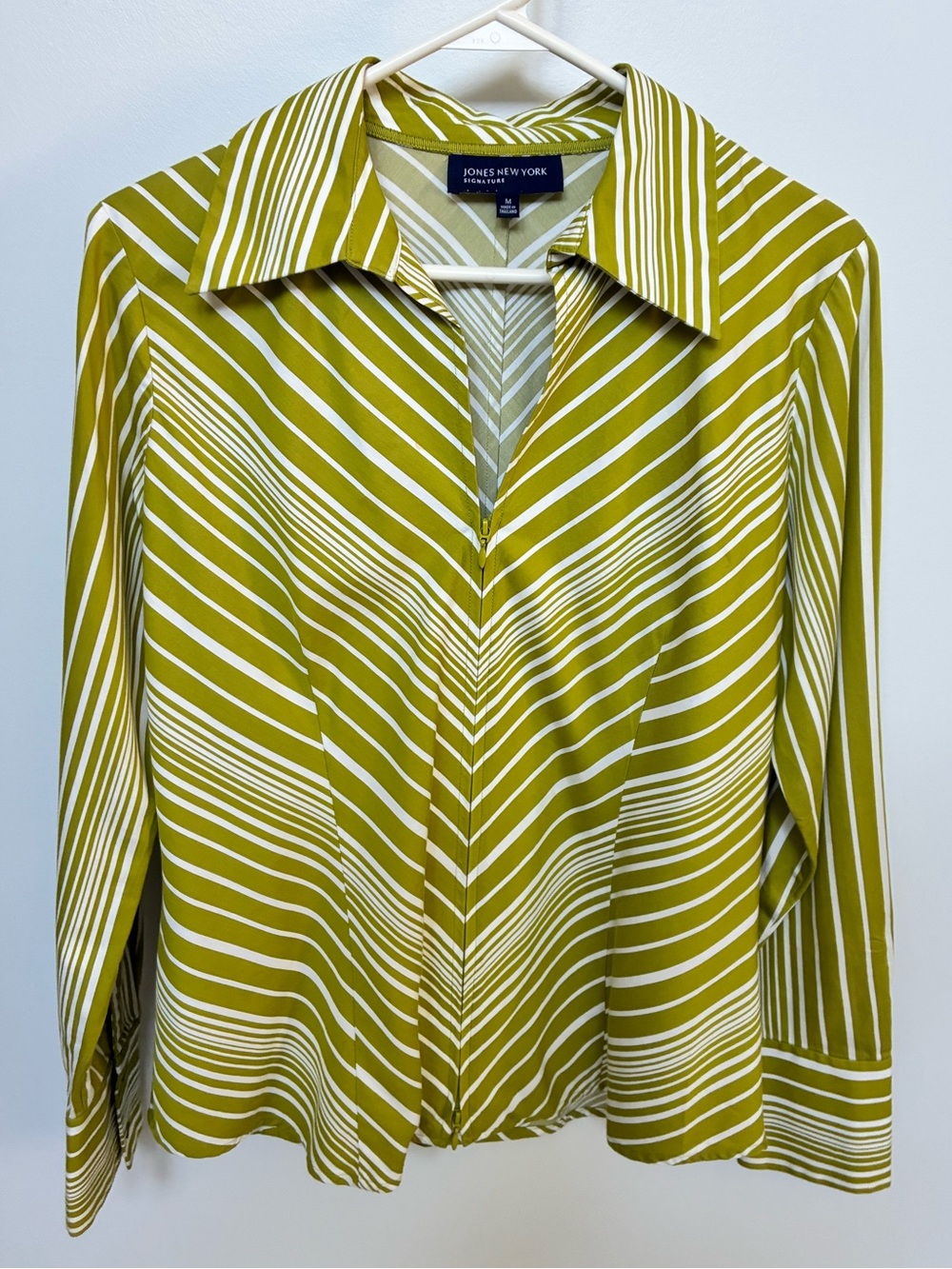 Jones New York Olive & White Striped Zip Blouse